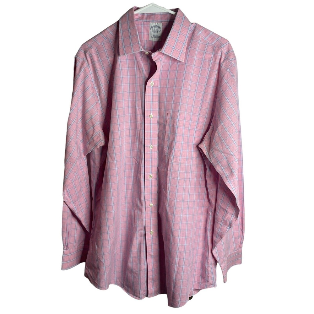 Brooks Brothers Shirt Mens 16 34 Button Up Red Blue Check Slim Fit Non Iron